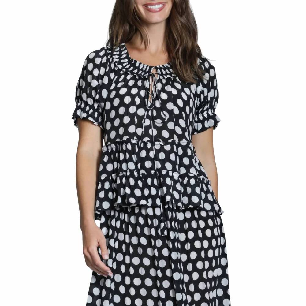 NEW APNY short sleeve top with ruched neck in black/white mono spot